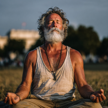 Grup de seniori practicând yoga în aer liber într-un cadru natural și liniștit